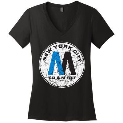 New York City Transit Mta Train Retro New York Women's V-Neck T-Shirt