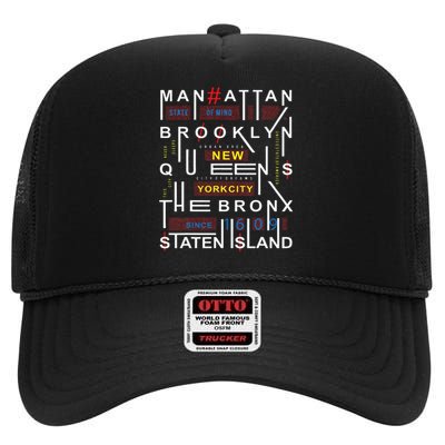 New York City Big Apple Bronx Queens Manhattan Staten Island High Crown Mesh Back Trucker Hat