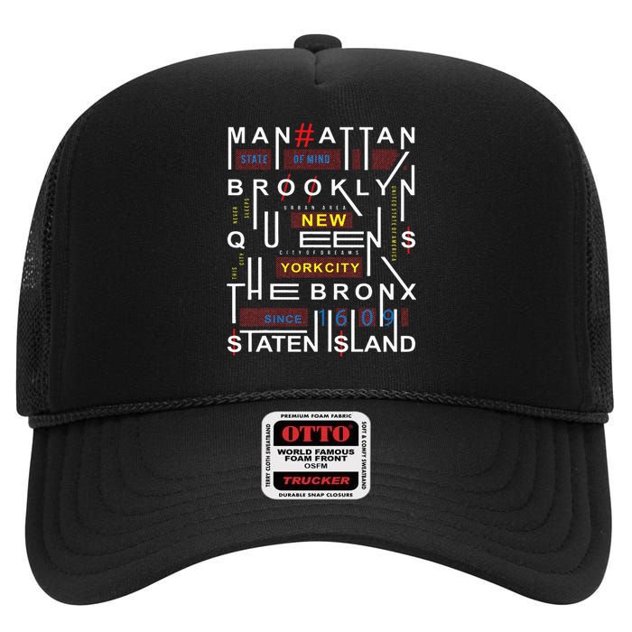 New York City Big Apple Bronx Queens Manhattan Staten Island High Crown Mesh Back Trucker Hat