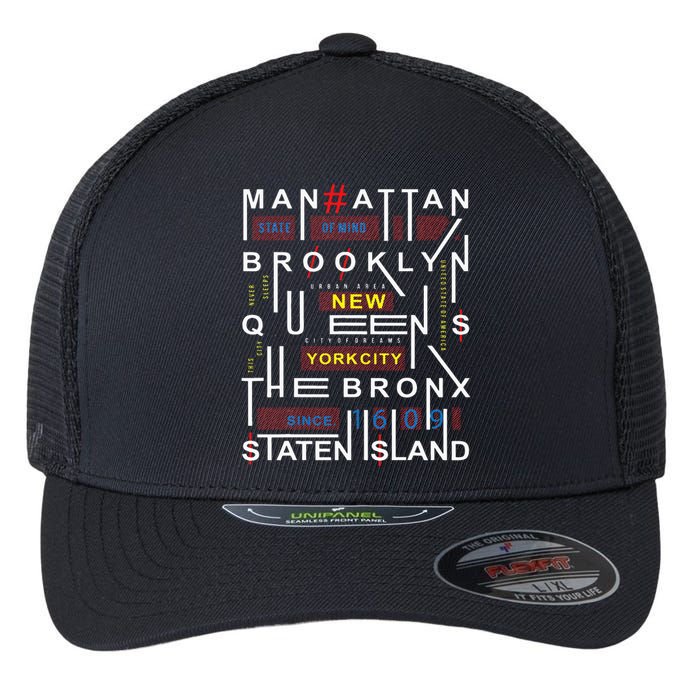 New York City Big Apple Bronx Queens Manhattan Staten Island Flexfit Unipanel Trucker Cap