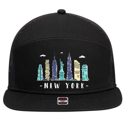 New York City Nyc Skyline Ny Watercolor Souvenir Gift Cute Gift 7 Panel Mesh Trucker Snapback Hat