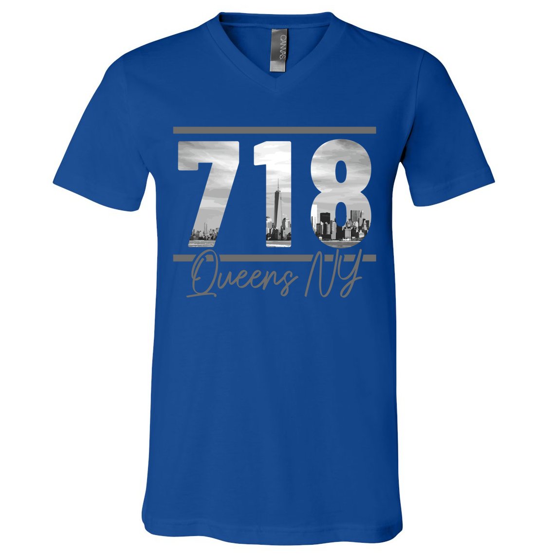 New York City 718 Area Code Skyline Queens Ny Nyc Vintage Gift V-Neck T-Shirt