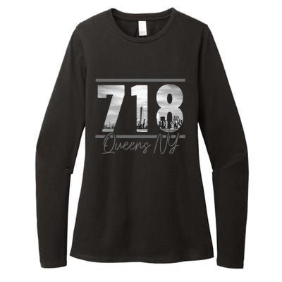 New York City 718 Area Code Skyline Queens Ny Nyc Vintage Womens CVC Long Sleeve Shirt