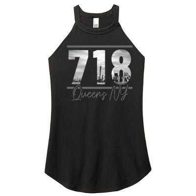 New York City 718 Area Code Skyline Queens Ny Nyc Vintage Women’s Perfect Tri Rocker Tank