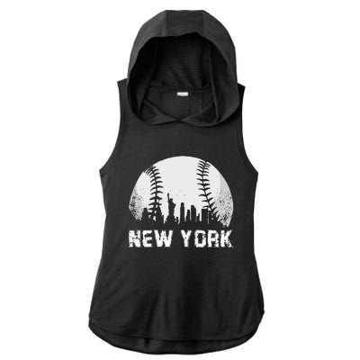 New York City Skyline Baseball Lover Ladies PosiCharge Tri-Blend Wicking Draft Hoodie Tank