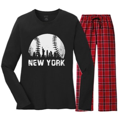 New York City Skyline Baseball Lover Women's Long Sleeve Flannel Pajama Set 