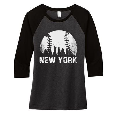 New York City Skyline Baseball Lover Women's Tri-Blend 3/4-Sleeve Raglan Shirt