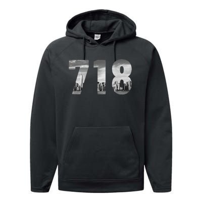 New York City 718 Area Code Skyline Queens Ny Nyc Vintage Performance Fleece Hoodie