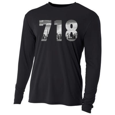 New York City 718 Area Code Skyline Queens Ny Nyc Vintage Cooling Performance Long Sleeve Crew