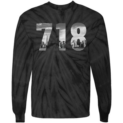 New York City 718 Area Code Skyline Queens Ny Nyc Vintage Tie-Dye Long Sleeve Shirt