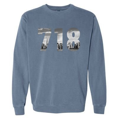 New York City 718 Area Code Skyline Queens Ny Nyc Vintage Garment-Dyed Sweatshirt