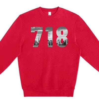 New York City 718 Area Code Skyline Queens Ny Nyc Vintage Premium Crewneck Sweatshirt