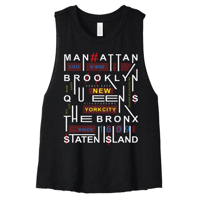 New York City Big Apple Bronx Queens Manhattan Staten Island Women's Racerback Cropped Tank