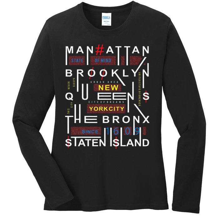 New York City Big Apple Bronx Queens Manhattan Staten Island Ladies Long Sleeve Shirt