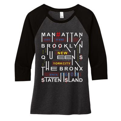 New York City Big Apple Bronx Queens Manhattan Staten Island Women's Tri-Blend 3/4-Sleeve Raglan Shirt