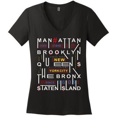 New York City Big Apple Bronx Queens Manhattan Staten Island Women's V-Neck T-Shirt