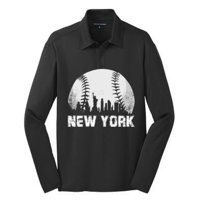 New York City Skyline Baseball Lover Gift Silk Touch Performance Long Sleeve Polo