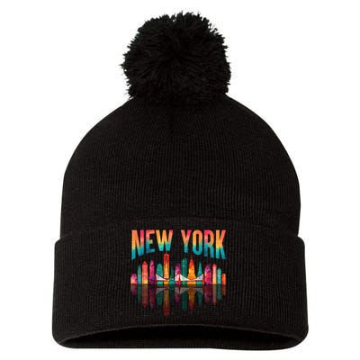 New York City Manhattan Nyc Retro 70s 80s Skyline Ny City Pom Pom 12in Knit Beanie