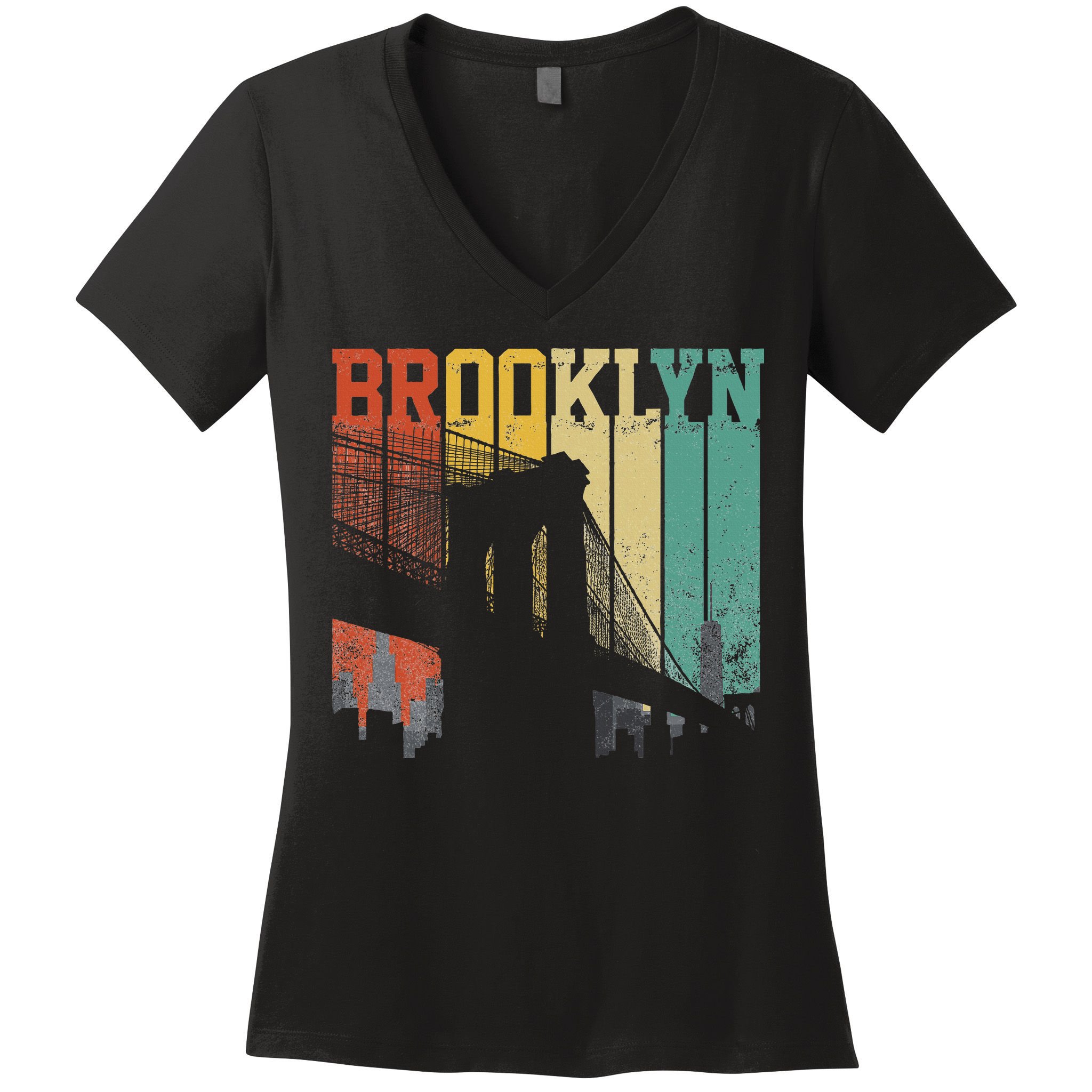 New York City Brooklyn Bridge Vintage Retro Skyline Nyc Ny Women's V-Neck T-Shirt