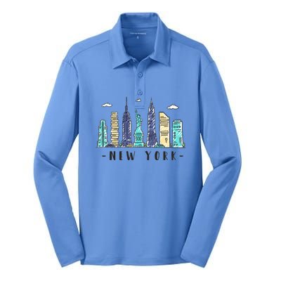 New York City Nyc Skyline Ny Watercolor Souvenir Gift Silk Touch Performance Long Sleeve Polo