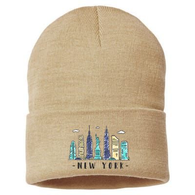 New York City Nyc Skyline Ny Watercolor Souvenir Gift Sustainable Knit Beanie