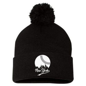 New York City Skyline Baseball Lover  Pom Pom 12in Knit Beanie