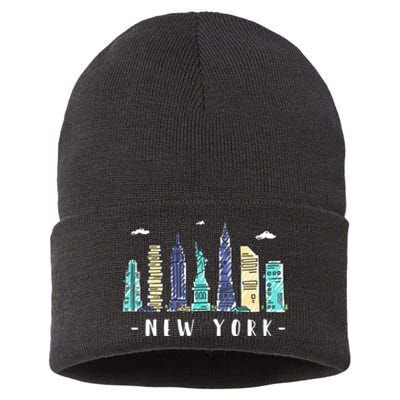 New York City Nyc Skyline Ny Watercolor Souvenir Gift Sustainable Knit Beanie