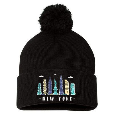 New York City Nyc Skyline Ny Watercolor Souvenir Gift Pom Pom 12in Knit Beanie