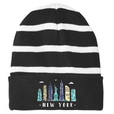 New York City Nyc Skyline Ny Watercolor Souvenir Gift Striped Beanie with Solid Band