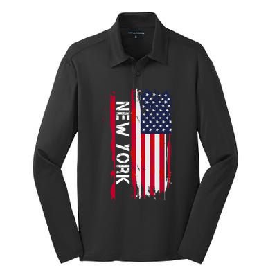 New York City And State Usa Flag New York And Nyc Silk Touch Performance Long Sleeve Polo