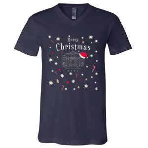 New York City Merry Christmas Manhattan Library Drawing V-Neck T-Shirt