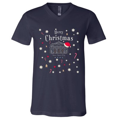 New York City Merry Christmas Manhattan Library Drawing V-Neck T-Shirt