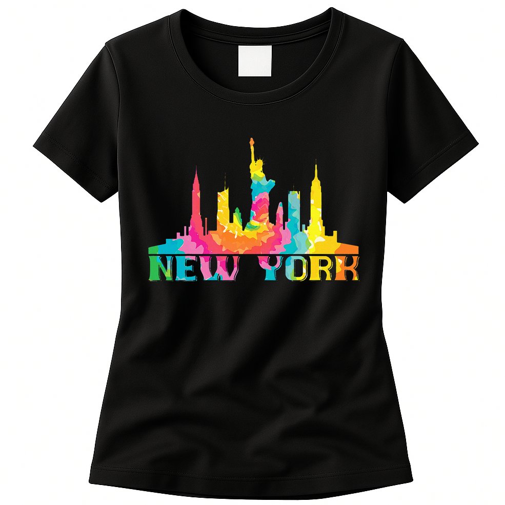 New York City Skyline Nyc Tie Dye Liberty Womens T-Shirt