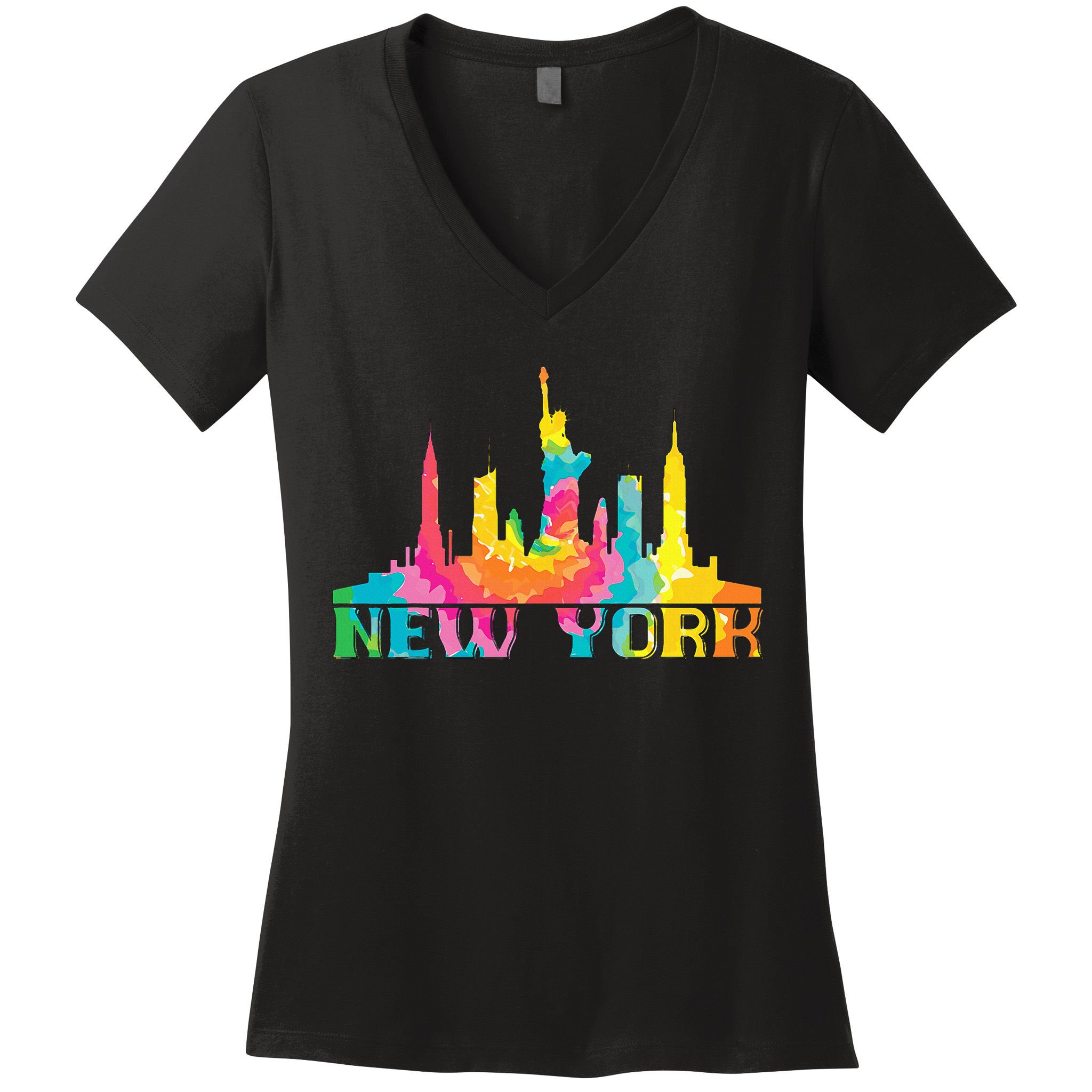 New York City Skyline Nyc Tie Dye Liberty Women's V-Neck T-Shirt