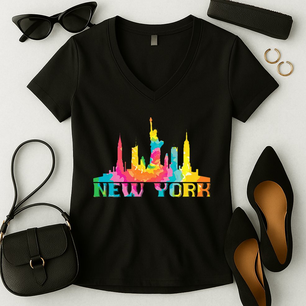 New York City Skyline Nyc Tie Dye Liberty Women's V-Neck T-Shirt