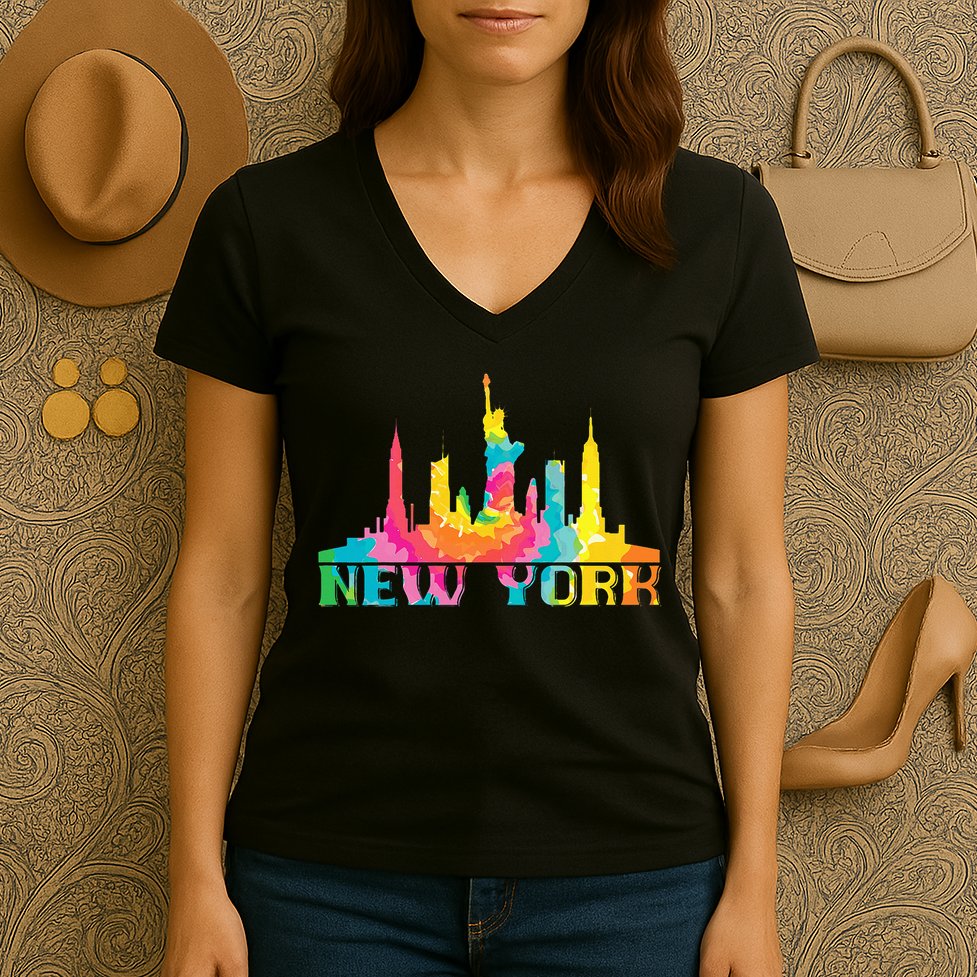 New York City Skyline Nyc Tie Dye Liberty Women's V-Neck T-Shirt
