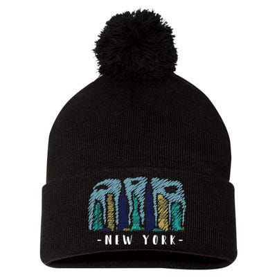 New York Cartoon Style Illustration Pom Pom 12in Knit Beanie