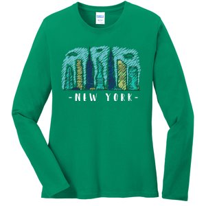 New York Cartoon Style Illustration Ladies Long Sleeve Shirt