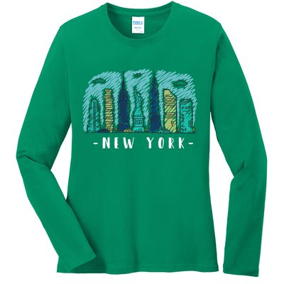 New York Cartoon Style Illustration Ladies Long Sleeve Shirt