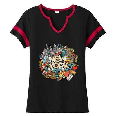 New York City Nyc Iconic Skyline Big Apple Gift Souvenir Ladies Halftime Notch Neck Tee