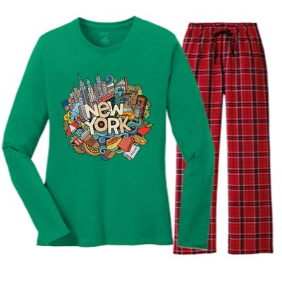 New York City Nyc Iconic Skyline Big Apple Gift Souvenir Women's Long Sleeve Flannel Pajama Set 