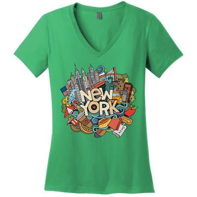 New York City Nyc Iconic Skyline Big Apple Gift Souvenir Women's V-Neck T-Shirt