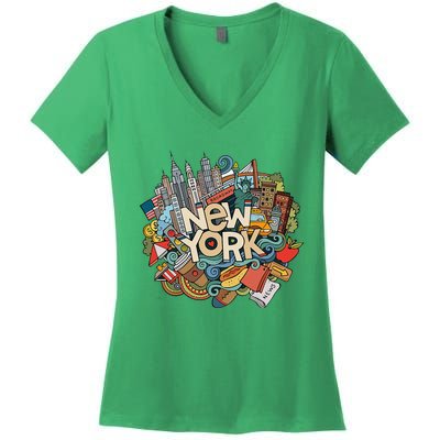 New York City Nyc Iconic Skyline Big Apple Gift Souvenir Women's V-Neck T-Shirt