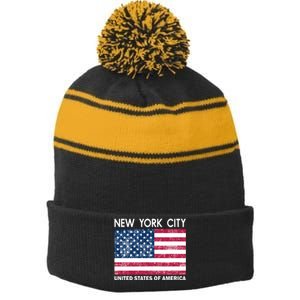 New York City United States Of America Stripe Pom Pom Beanie