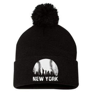 New York City Skyline Baseball Lover Pom Pom 12in Knit Beanie