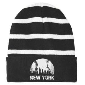 New York City Skyline Baseball Lover Striped Beanie with Solid Band