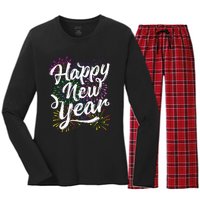 New Years Eve Party Supplies 2024 Happy New Year Fireworks  Women's Long Sleeve Flannel Pajama Set 