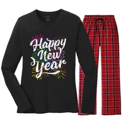 New Years Eve Party Supplies 2024 Happy New Year Fireworks  Women's Long Sleeve Flannel Pajama Set 