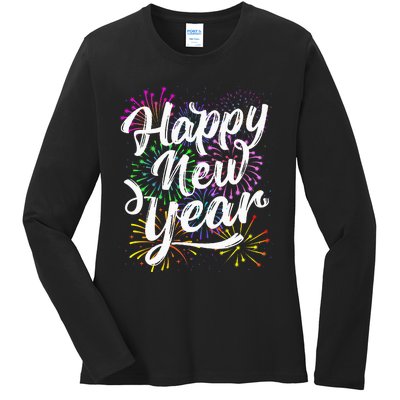 New Years Eve Party Supplies 2024 Happy New Year Fireworks  Ladies Long Sleeve Shirt