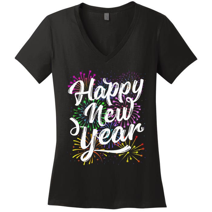 New Years Eve Party Supplies 2024 Happy New Year Fireworks  Women's V-Neck T-Shirt